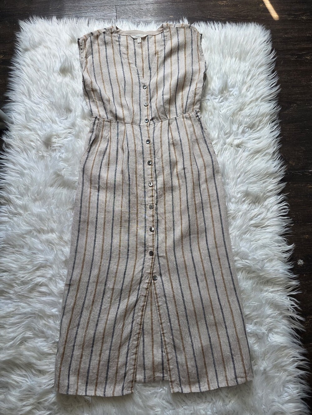 Garnet Hill Beige Striped Button-Front Midi Dress